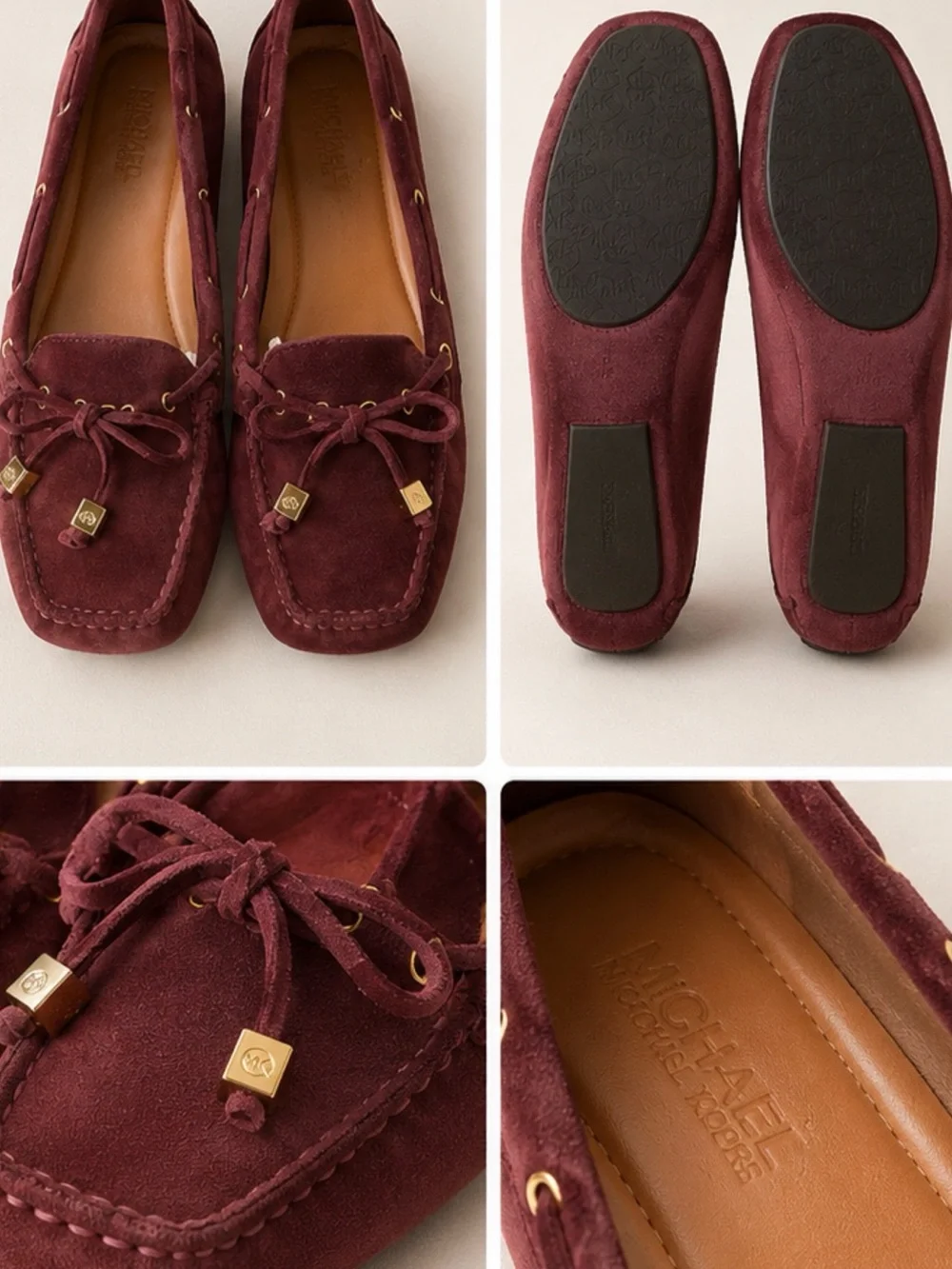 Michael Kors Burgundy Suede Bow Moccasins with Gold Accents